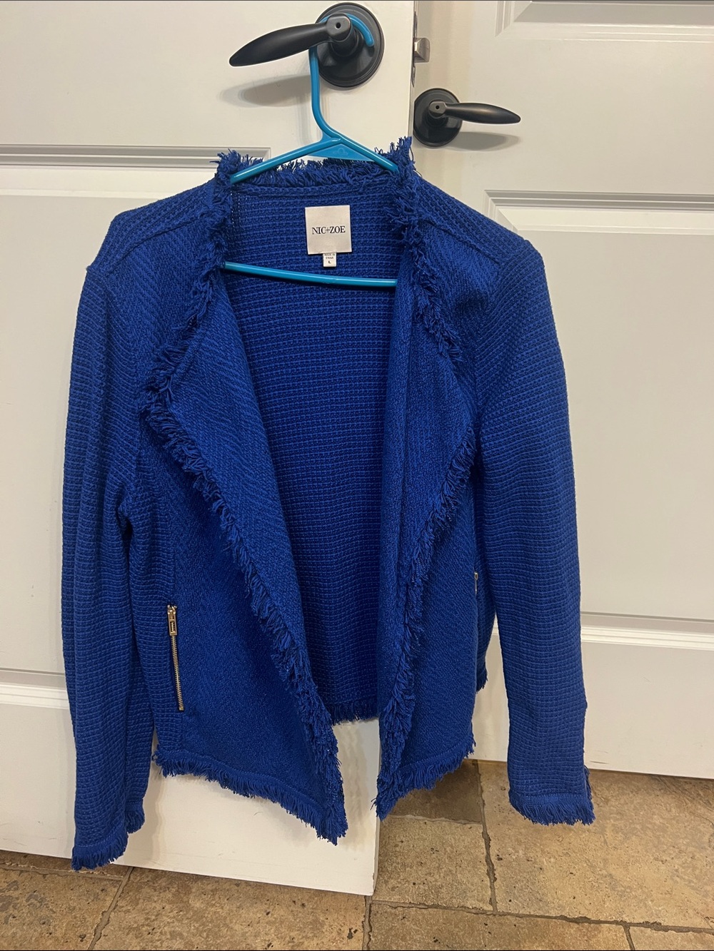 Nic+ZOE Royal Blue Fringed Knit Open Jacket